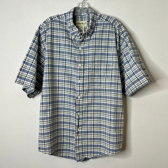 Eddie Bauer Short Sleeve Plaid Button Front Shirt White Blue Yellow Mens Large - Picture 3 of 9